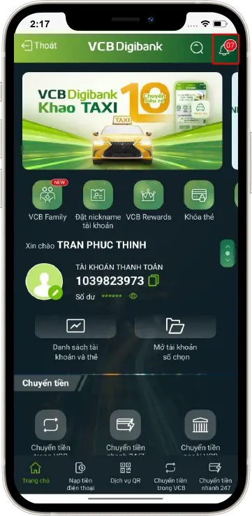 Bước 1: Tại giao diện chính » Ấn chuông thông báo ở góc phải màn hình
